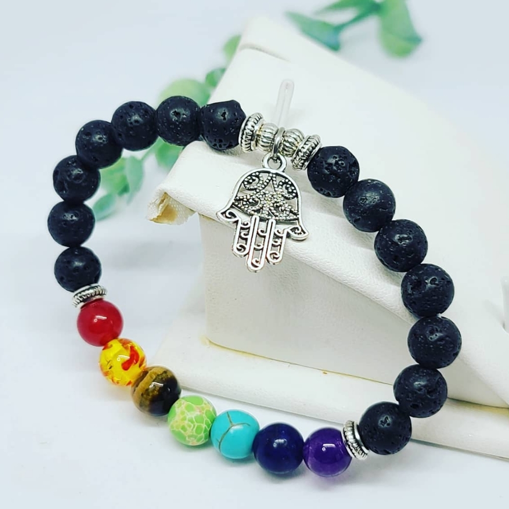 Lava Stone 7 Chakra Crystals Hamsa hand Charm Unisex Bracelet